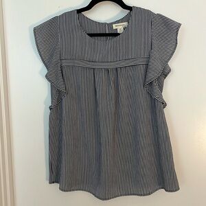 MONTEAU Flutter Ruffle Sleeve Textured Pinstripe Blouse Navy Blue White Size XL